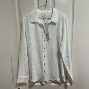 NWT Socialite white gauzy cotton button down shirt boho beach size large FLAW